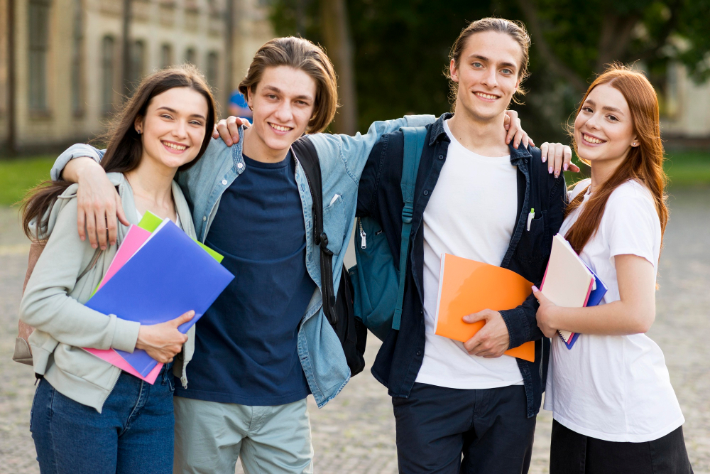 group young students happy be reunited